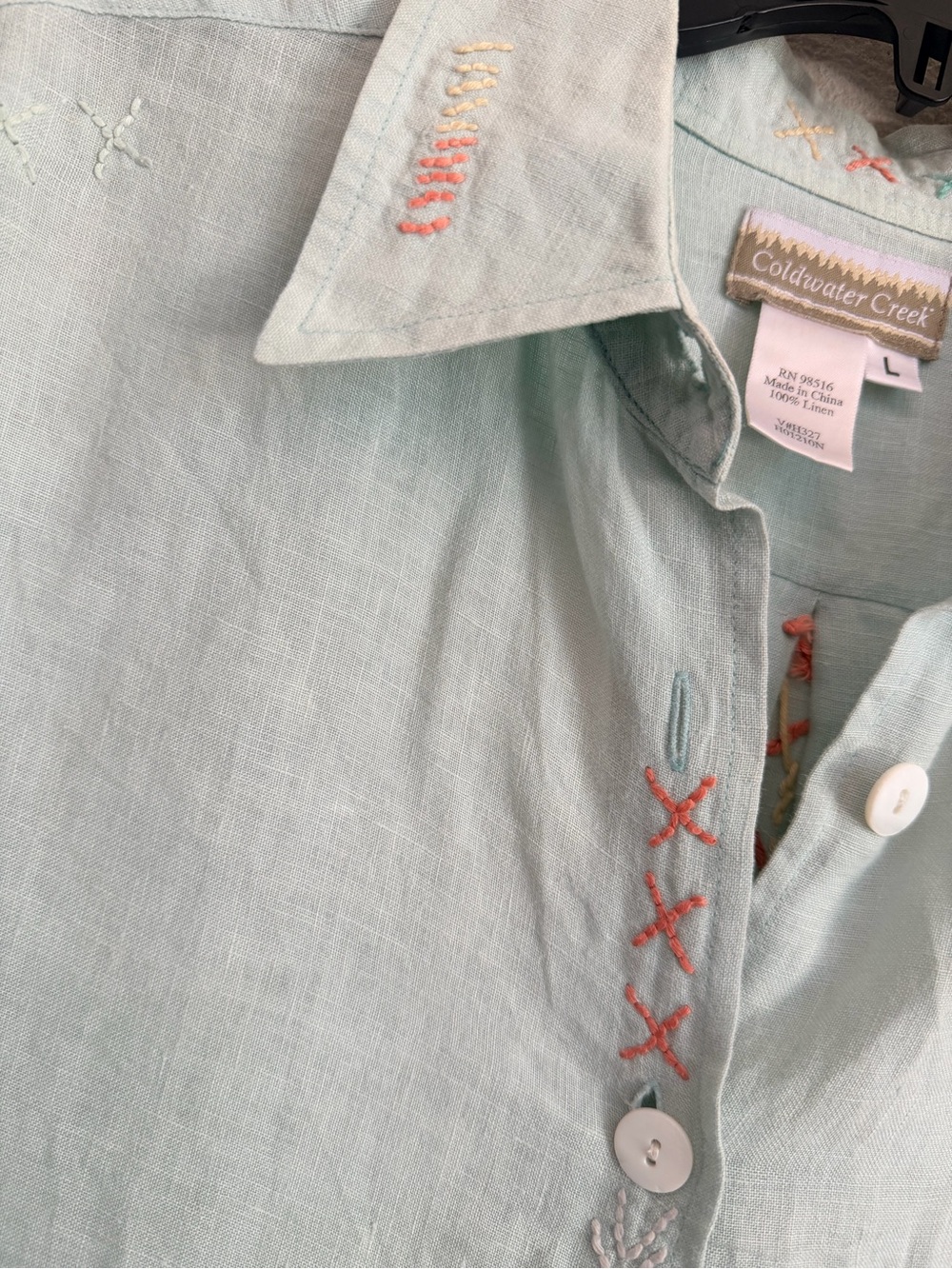 Coldwater Creek 100% Linen Embroidered Button Down Shirt Mint Green L - Picture 2 of 14